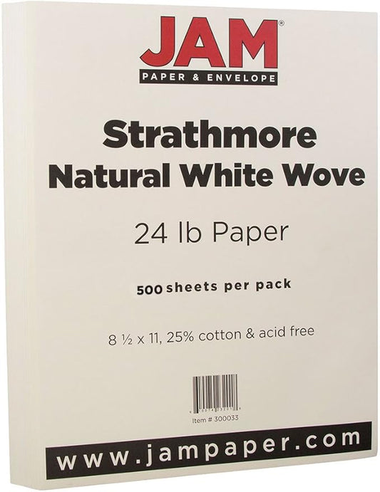 JAM PAPER Strathmore 24lb Paper - 90 gsm - 8.5 x 11 - Natural White Wove - 500 Sheets/Ream