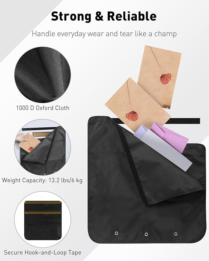 Uniclife Black Door Mail Slot Catcher Oxford Fabric Large Capacity Letter & Package Holder with Hook and Loop Fasteners, Indoor Front Door Post Catcher for Magazines, Small Parcels & Envelopes