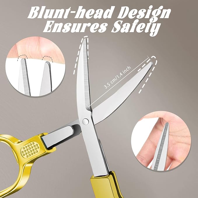 2 PCS Stainless Steel Mini Folding Scissors, Safety Pocket-Sized Multipurpose Scissors with Keychains for Travel, Home, Office, Crafts, Sewing & Nurse Accessories (Gold)