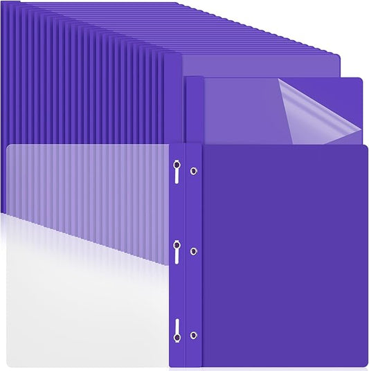 Feifeiya 48 Pack Plastic Report Covers with 3 Prongs Presentation Folders Bulk, 100 Sheet Capacity, Clear Front Report Covers for Presentation Document Paper School Office Supplies (Purple)
