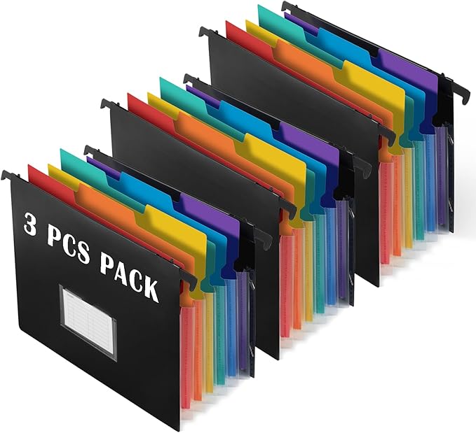TRANBO 7-Pockets Hanging File Folder with Retractable Hooks for Filing Cabinet, Letter Size Expandable Accordion File Organizer with Elastic Band for File Frame or On-The-Go Use (3 Pack)