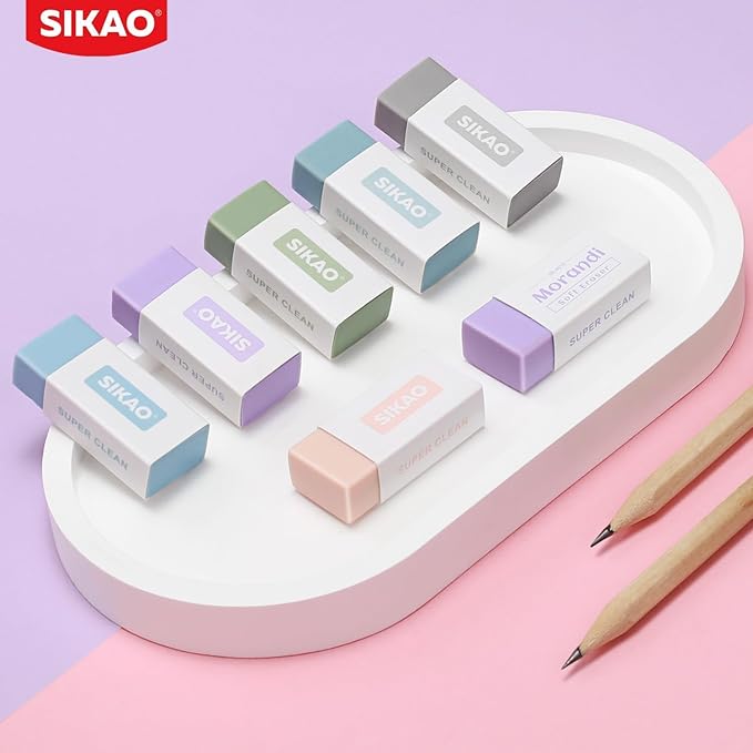 Morandi Erasers, 6 Pack Aesthetic Block Pencil Erasers – Soft Neutral Colors, Smudge-Free Latex-Free Erasers for School, Office, Journaling & Drawing