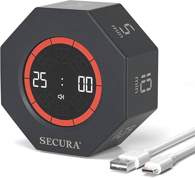 Secura Pomodoro Timer, Rotating Cube Time Tracker, Flip Gravity Sensor with 7 Presets(5/10/15/20/25/50/90 Minutes), Visual Progress Bar for ADHD, Kids, Tasks, Work, Study (Dark Gray)