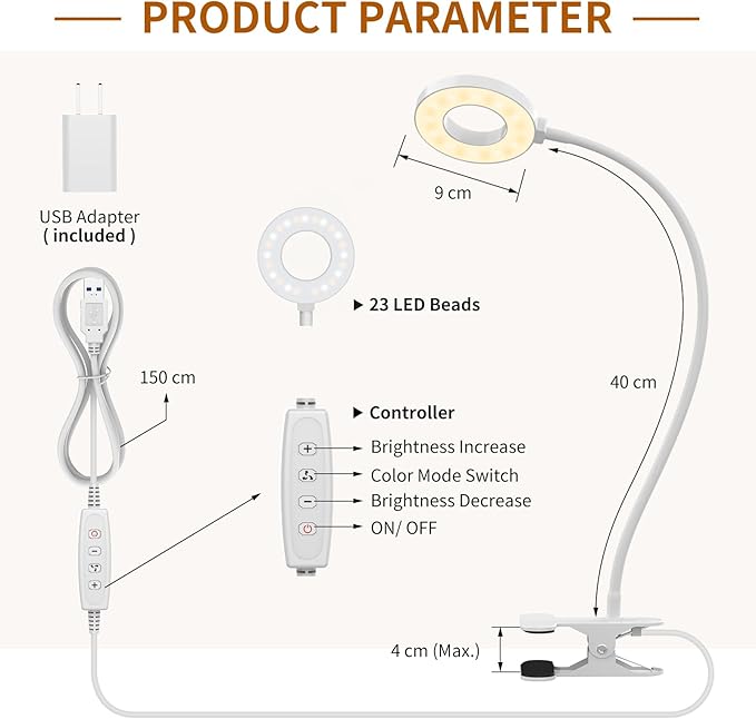 iZELL Reading Light, USB Clamp Lamp for Child Reading Book in Bed at Night, LED Small Desk Lamp with Silicone Adjustable Arm Clip on Beside Table for Studying Working Drafting Sewing - 15.8‘’ White