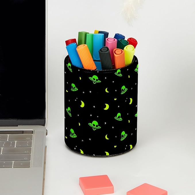 Leather Pen Holder for Desk Green Alien Moon Pencil Cup Desktop Organizer Makeup Brush Holders Office Supplies for Home, Kids & School