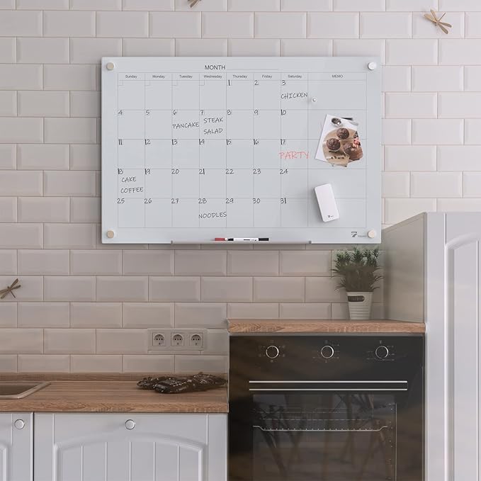 TOWON 47 x 35 Inch Large Glass Dry Erase Board, Magnetic Whiteboard Calendar, Monthly Planner Set, White
