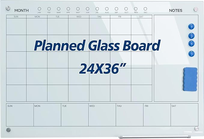 JYYPWB Magnetic Glass Whiteboard 36X24 Monthly Planner Calendar Dry Erase Board for Home, School, Office, Frameless, with Markers, Marker Tray, Eraser, Magnets (White)