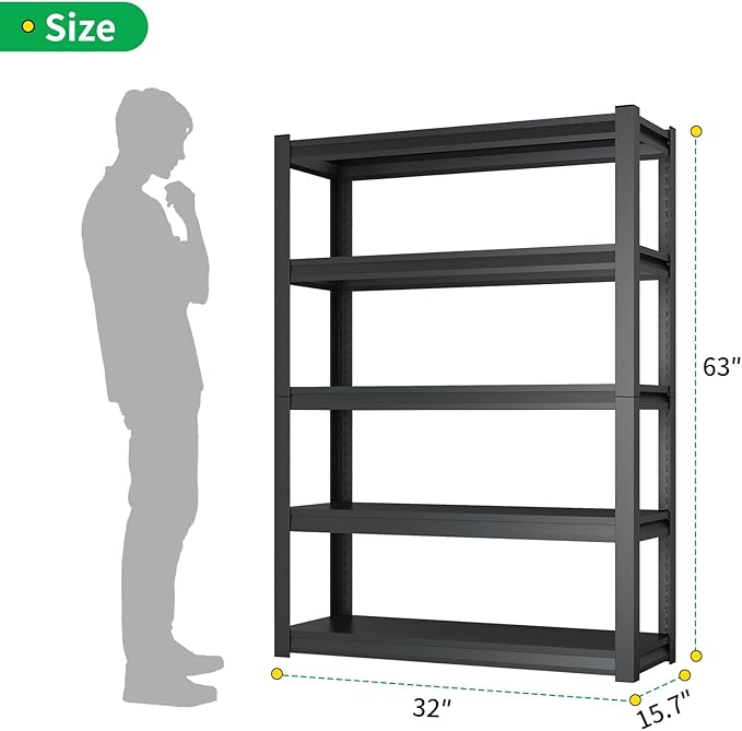 CBCNWR 63''H Garage Storage Shelves, 1800LBS Steel Heavy Duty Storage Shelves, Adjustable 5-Tier Metal Shelf Rack, Heavy Duty Shelving for Garage,Warehouse,Basement,Pantry–Black 32" Wx15.7 D x63 H