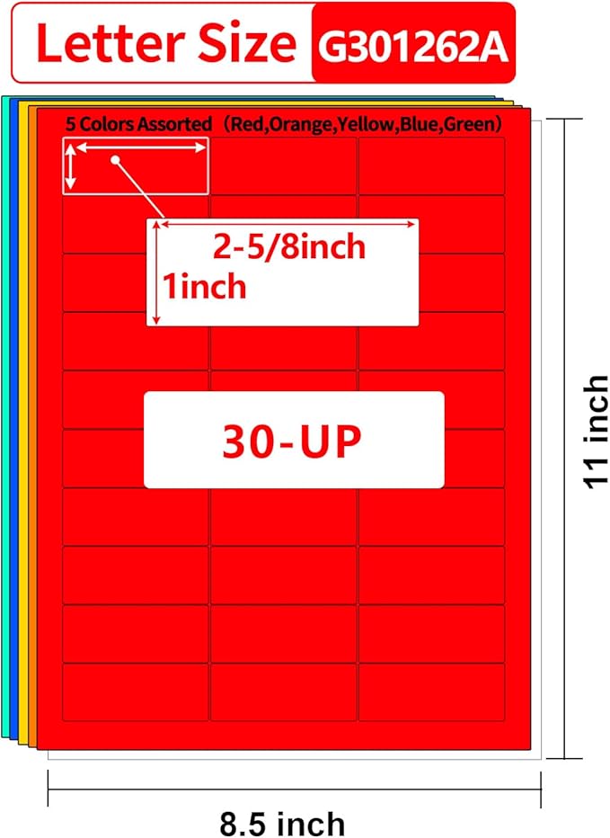 Gemsroyal Colored Address Labels Printable 1”×2-5/8",5 Colors Assorted(Red,Orange,Yellow,Blue,Green),Color Mailing Label Sticker Paper for Printer,Small Neon Moving Labels Printable,750 Color Stickers