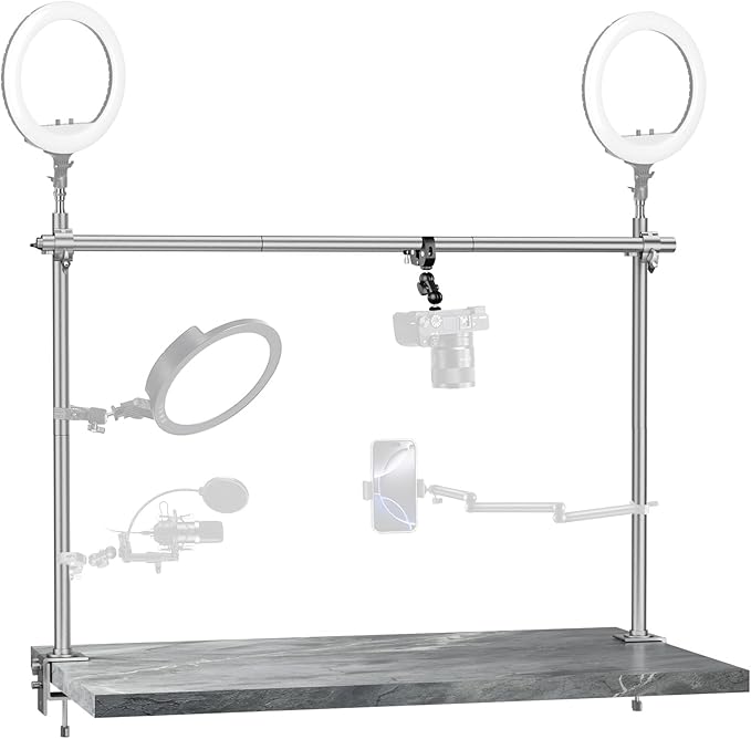 Overhead Camera Mount Rig, Adjustable Aluminum Tabletop Platform for Multi-Device Shooting, Include Dual Ball Heads and Clamp, Supports Max Load 11kg for Product Photography, Live Streams