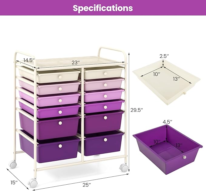 Giantex 12 Drawers Rolling Storage Cart, Classroom Organizers with Wheels for Tools Scrapbook Craft Paper Teacher Office School Supplies (Purple Gradient)