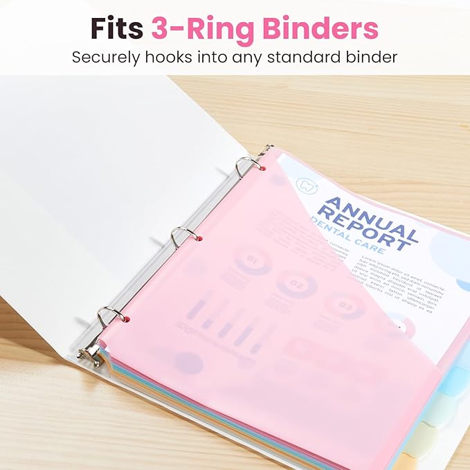 Sooez 8-Tab Binder Dividers with Two Pockets, 8 Tabs Dividers for 3 Ring Binder Organizers, 3-Hole Plastic Sheets Protectors for US Letter Size, School, College, Office Supplies, Pastels, Set of 2