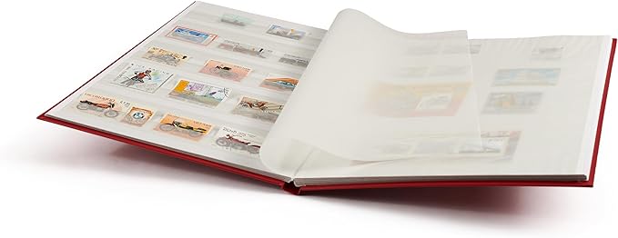 LIGHTHOUSE – “BASIC” Hard Cover Stockbook for Stamps – 16 White Cardstock 9”x12” (A4) Pages with Glassine Strips - Red
