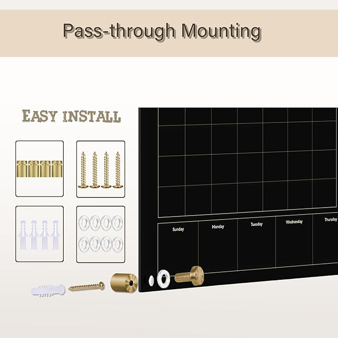 Black Glass 3-1 Monthly Dry Erase Calendar Whiteboard for Wall,24"x 36",Frameless Mounting,Office/School/Home, Frameless Large Planner White Board