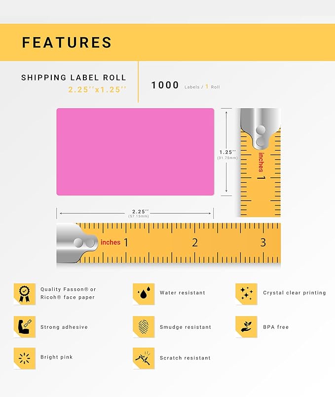 HOUSELABELS 2.25" x 1.25" Pink Address Labels on 1" Core Compatible with Zebra and Rollo Printers, 2 Rolls / 1,000 Labels per Roll