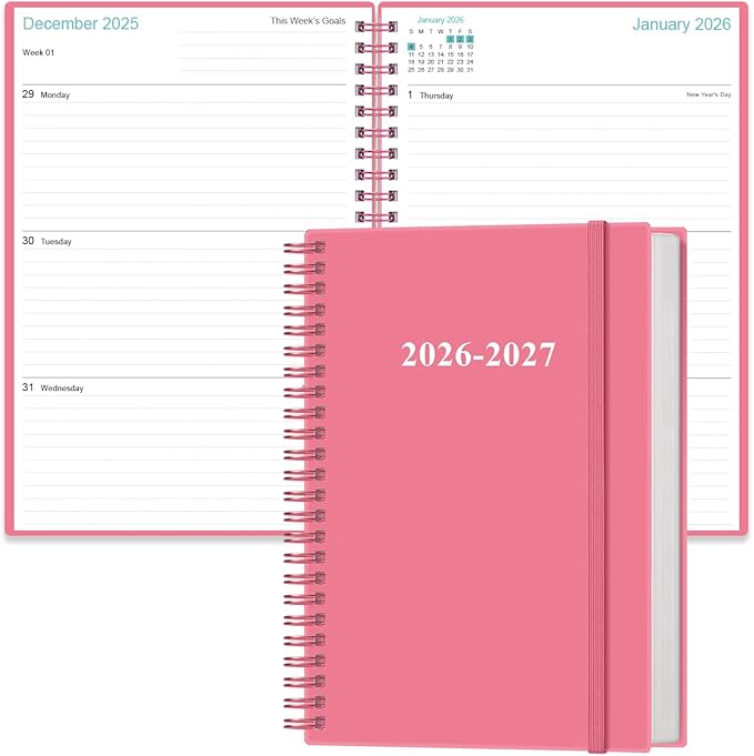 2026-2027 Planner - 18 Months Weekly & Monthly Planner from January 2026 - June 2027, Spiral Planners 2026-2027 with Elastic Closure, Inner Pocket, Medium 5.8" x 8.3", Pink