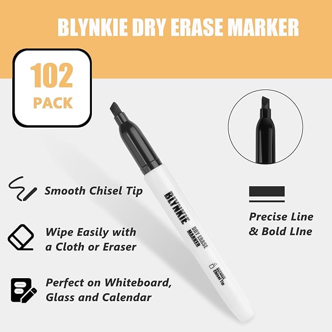 Blynkie Dry Erase Markers Bulk Pack of 102 Chisel Tip Black Whiteboard Markers, Low Odor Suitable for School Office and Home