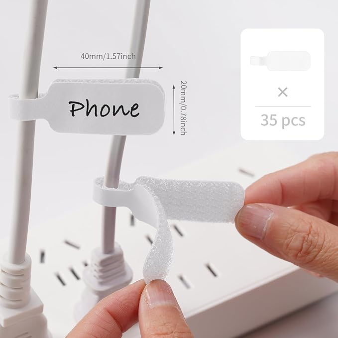 Trilancer Reusable Cable Cord Wire Labels, Easy to Write on, Hook&Loop Closure, for Organizing and Identification, Cable Tags, Multiple Uses - 35PCS(White)