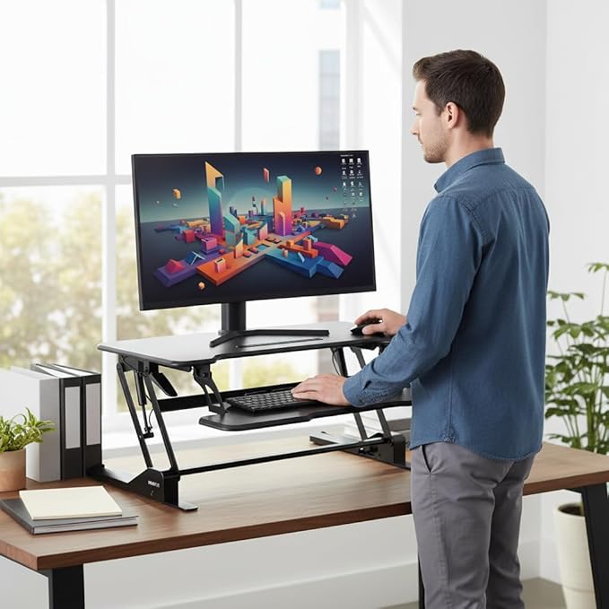 Mount-It! 38" Standing Desk Converter, Desktop Sit-Stand Desk Riser with Gas Spring Height Adjustment, Compact Desk Topper for Dual Monitors or Laptop, Keyboard Tray, Black