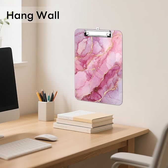 Luminzo Plastic Cute Clipboard Low-Profile Metal Clip, A4 Letter Size 9 x 12.5 in, 8.5 x 11 Paper Clip Board for Teachers, Nurses, Classroom,Pink Marble