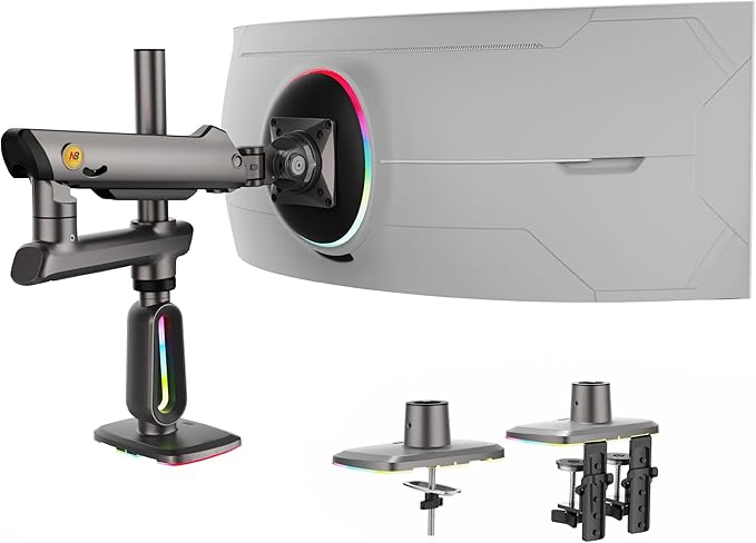 NB Extra Height Gaming Monitor Arm for 32 to 60 Inches Screen, Load up to 20 kg, VESA 75/100, RGB-Light, Heavy Duty, Multi Angle Adjustable, Premium Aluminum, Long Arm Extension Grey Black