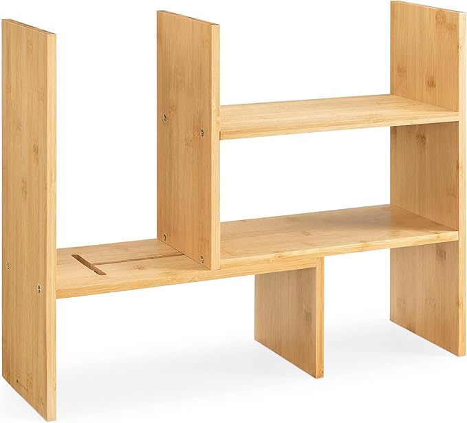 Navaris Desk Organizer Shelf Unit - Bamboo Desktop Shelves for Table or Countertop - Free-Standing Adjustable Shelving Rack for Tidy Kitchen or Office