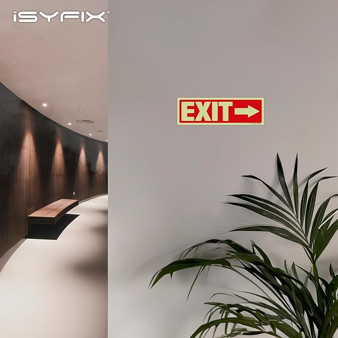 iSYFIX Exit Stickers Signs with Directional Right Arrow 2 Pack 12x4 Inch - Glow in the Dark Photoluminescent Vinyl for Office, School, Business, Warehouse - UV & Weather Resistant for Indoor/Outdoor Use