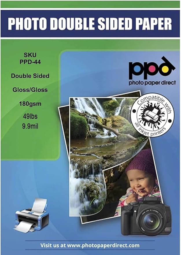 PPD Double Sided Photo Paper, Glossy Brochure Paper 8.5 x 11 for Inkjet Printer, 180 gsm, 9.9 mil Thick for Magazine, Flyer, Presentation, Program, Instant Dry & Water Resistant (50 Sheets)