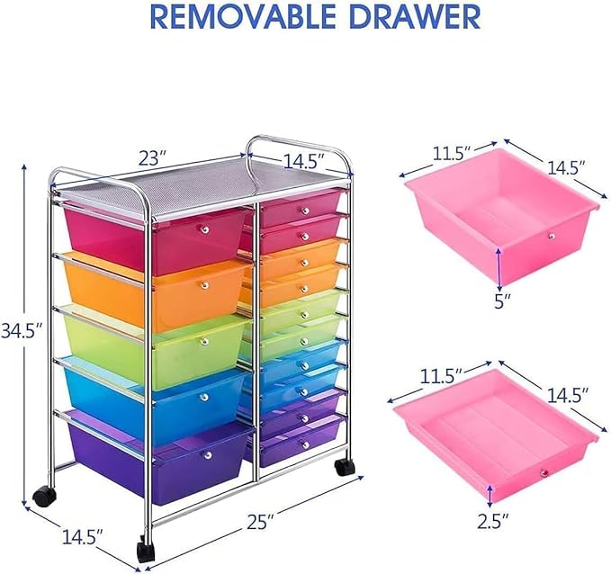 LDAILY 15 Drawer Rolling Storage Cart, Rolling Cart with Drawers for Classroom, Art Supply Craft Organizer on Wheel with Metal Frame & Handles for Home Office School