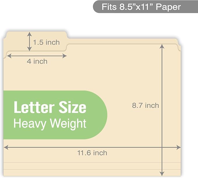 Woodlake Manila File Folders – Letter Size (8.5" x 11"), 1/3-Cut Oversized Tabs, 100 Pack, Heavyweight 120LB/220GSM Durable Paper Folders for Home, Office, School – Made in USA