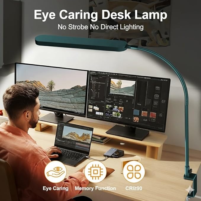 SKYLEO LED Desk Lamp - Desk Light for Home Office - Flexible Gooseneck - 5 Color Modes X 11 Brightness Levels - 1300LM - Timmer & Memory Function - 12W Clip on Light - Green