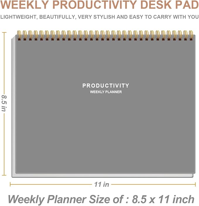 Weekly Productivity Planner - 8.5" x 11" Dashboard Desk Notepad Has 6 Focus Areas to List Tasks for Goals, Projects, Clients, Academic or Meal-Organize Your Daily Work Efficiently, 54 Weeks, Grey