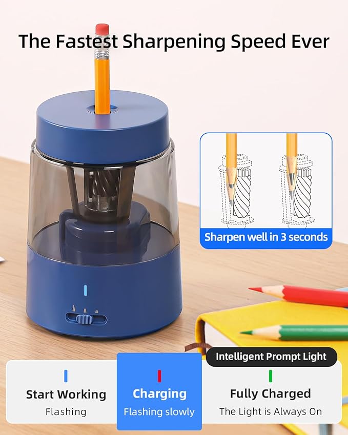 ZMOL Electric Rechargeable Pencil Sharpener, Automatic Pencil Sharpeners Kids, Battery Pencil Sharpeners for Colored Pencils, Auto Stop, Suitable for No.2(6-8mm), Classroom/Home Blue