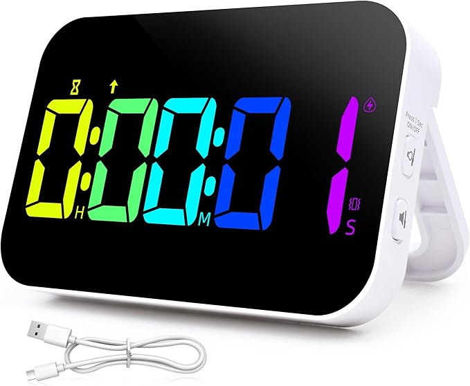 Kitchen Digital RGB Timer, Count Down Up, Rechargeable, Vibration Mode Adjustable Volume and Brightness LED Display, Time Management Cook, Desk, Kids Adults Study Teaching, Kitchen Gadgets