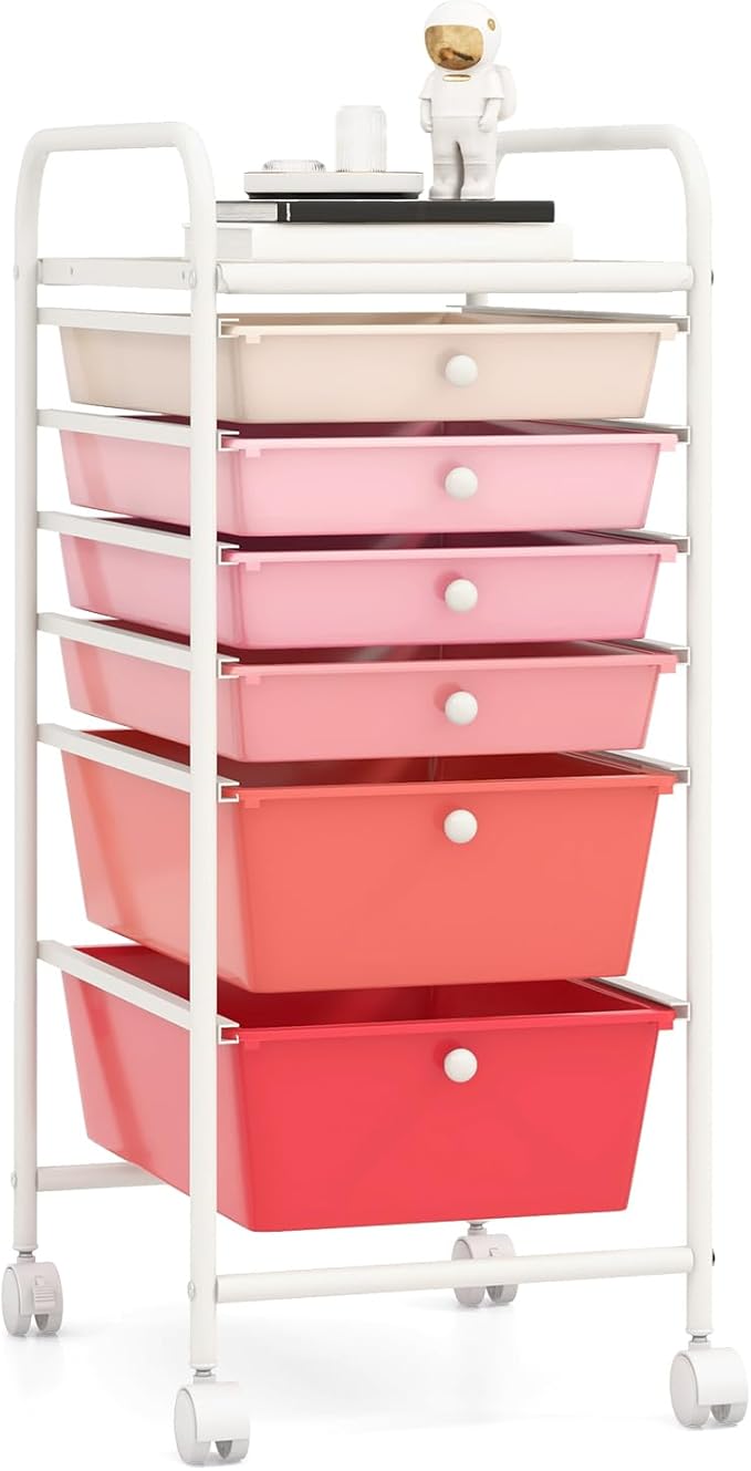 RELAX4LIFE 6-Drawer Rolling Storage Cart - Classroom Organization on Wheels w/Removable Plastic Drawers, Mobile Art Craft Cart for School Paper Home Office, Utility Cart with Drawers (Gradient Pink)