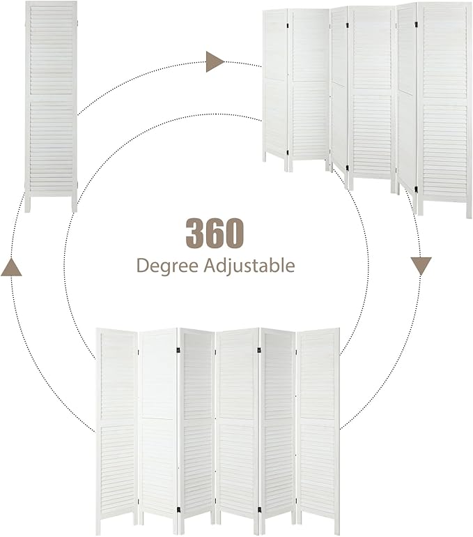 6 Panel Room Dividers and Folding Privacy Screens, Divider for Room Separation, Wood Louvered Divider Wall, Wooden Partition for Home Office Bedroom (White-Washed)