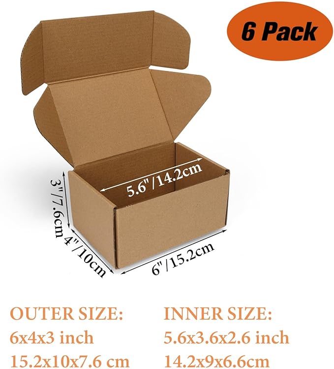 PHAREGE 6x4x3 inch Shipping Boxes 6 Pack Brown, Tab Lock Tuck Top Mailer Boxes for Packaging Small Business, Small Cardboard Gift Boxes for Wrapping Mailing Present