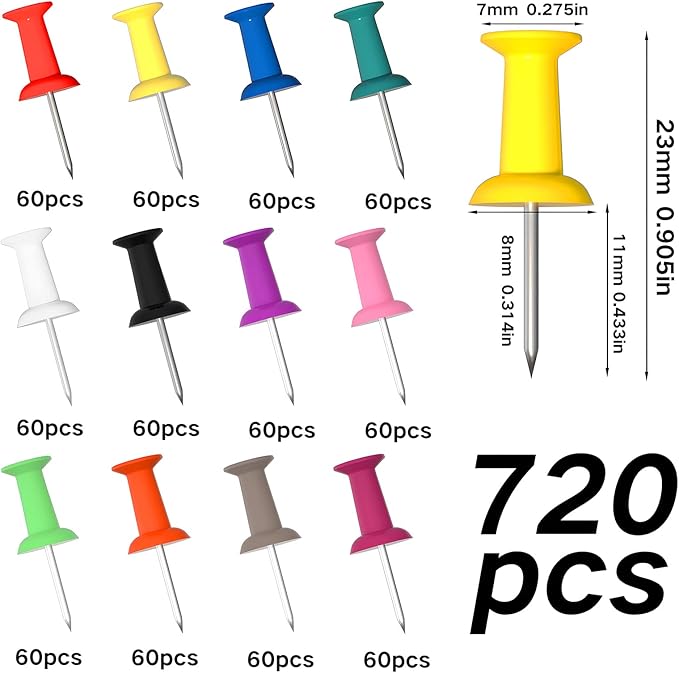 VAPKER Push Pins 720Pcs Solid Color Thumb Tacks Map Pins Tacks Plastic Head with Steel Point for Bulletin Board 12 Assorted Colors Office Supplies