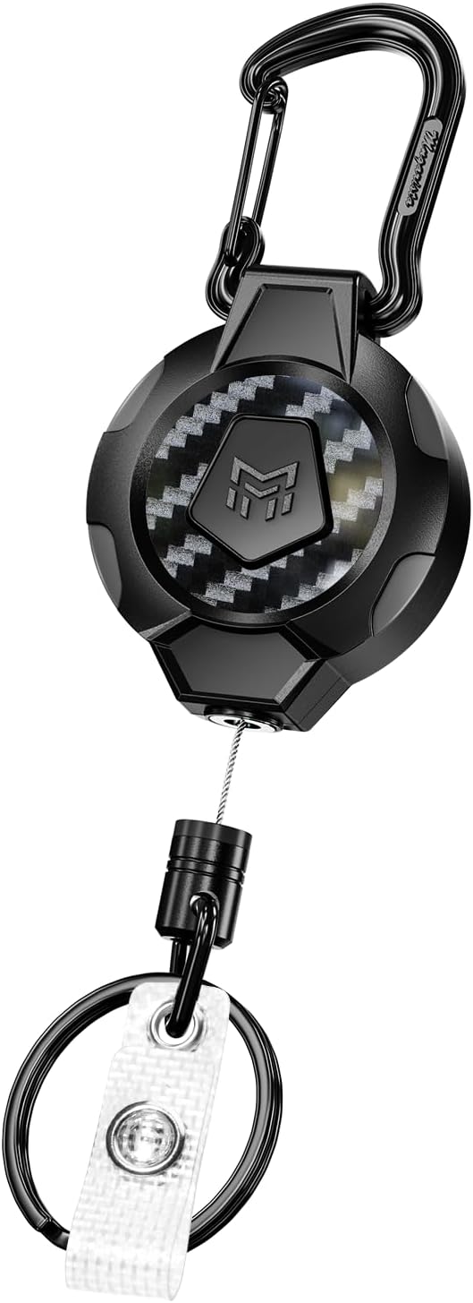 MNGARISTA Upgraded Version Retractable Keychain, 10 OZ Retraction, 31.5" Stainless Steel Cord, Heavy Duty Carabiner Badge Holder, 3K Carbon Fiber ID Badge Reel with Badge Strap and Key Ring