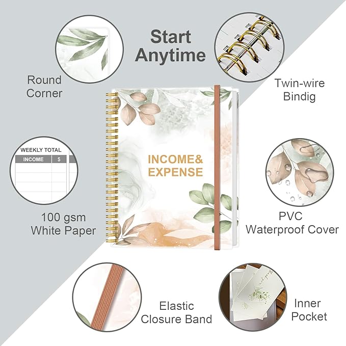 Heveboik Income & Expense Log Book - A4 Income and Expense Tracker for Small Business, Accounting Bookkeeping Tracking for Woman and Man, 8" x 10.5", Rose Leaf