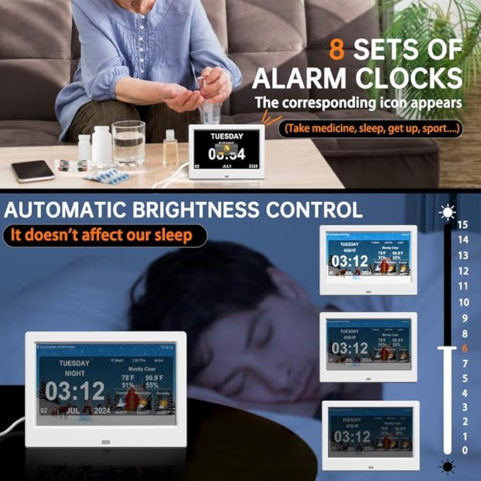 TIMEMOON WiFi Digtial Calendar Clock with Day and Date Alarm Clock with Weather Temperature Humidify Alzheimers Clock for Elderly Auto Dimmable 8 Alarm Options (7 inch White)
