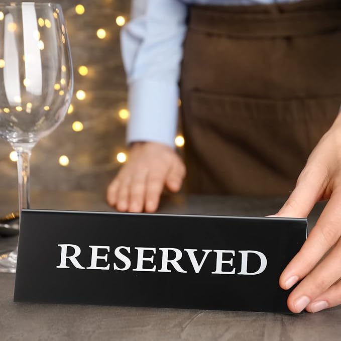 6 Pieces Plastic Reserved Table Sign Table Tent Wedding Guest Reservation Seat Sign for Restaurant Wedding Chairs(7.9 x 2.7 Inches,White Words Black Background)