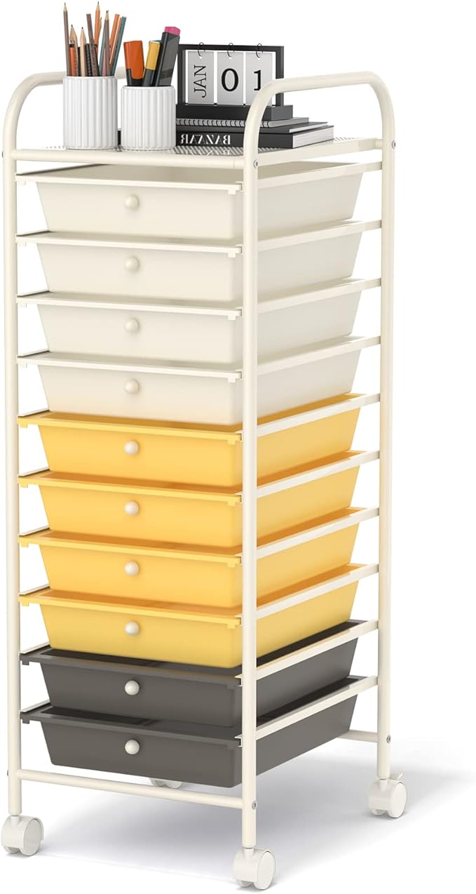 GLACER 10 Drawers Rolling Cart, Storage Cart with w/Removable Drawers & Steel Frame, Utility Mobile Trolley w/Universal Casters & 2 Brakes, Organizer Cart for Home, School, Office (Yellow)