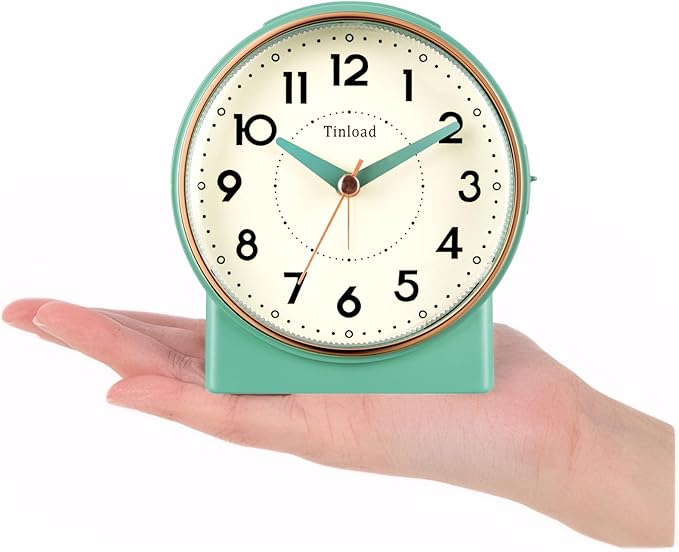 Tinload 4.3" Retro Analog Alarm Clock, Vintage Decor, No Ticking Silent, Easy to Set, Gradual Rise Alarm, On/Off Switch on Side, Gentle Wake, Snooze, Lighted on Demand, Battery Operated, Retro Green