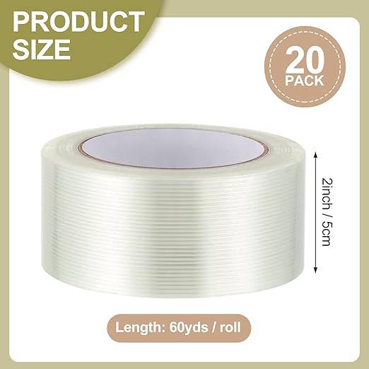 Treela 20 Rolls Strapping Tape 2 Inch X 60 Yards 5.5 Mil Fiberglass Filament Tape Transparent Reinforced Heavy Duty Packing Strips for Shipping Sealing Binding Fixing