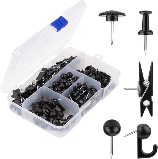 Black Push Pins Set, 5 Styles 140-count Thumb Tacks Map Pins, Steel Point and Dark Plastic Head Pushpins Black Thumbtacks for Cork Board Bulletin Boards (Black-140pcs)