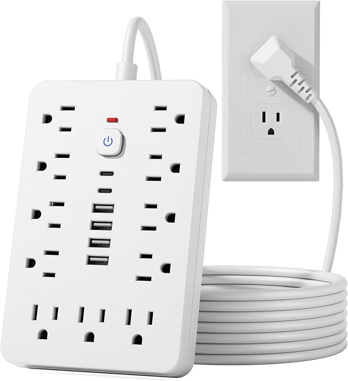 JouleLoom 15 FT Flat Plug Surge Protector Power Strip,11 Multiple AC Outlets with 6 USB Ports (2 USB C), 15 Feet Extension Cord, 1250W/10A, One Touch Switch Button, White