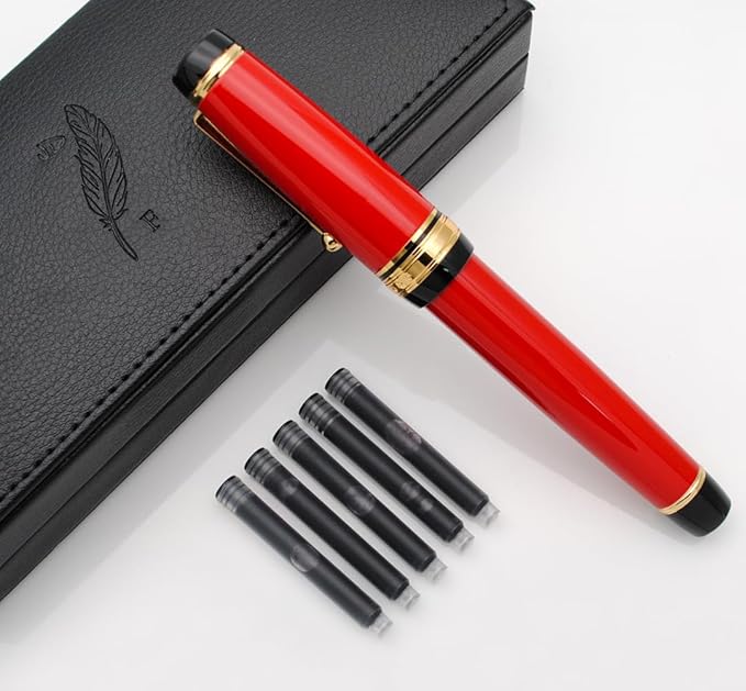 xixixiaozhu Metal Big Fountain Pen Set Medium Nib 0.7mm, Includes Ink Refill Converter, 5 Ink Cartridges & Gift Box (Medium Nib 0.7mm, Red)