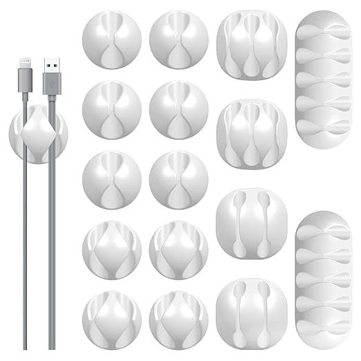 16Pack White Desk Cable Management,Adjustable Cord Organizer Cable Clips,Cable Organizer for Cords Phone Charger/PC/TV,Ideal Cord Holder for Nightstand/Wall/Desk/Office/Home/Car