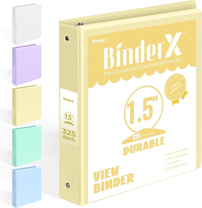 BinderX Extra Durable 1.5 Ring Binder, Round Ring 1.5 Inch Binders, Fits 325 Sheets of 8.5x11 Paper, Customizable View Cover with Inside Pockets, Cute 1.5" Binder, School Supplies for Girls, Yellow
